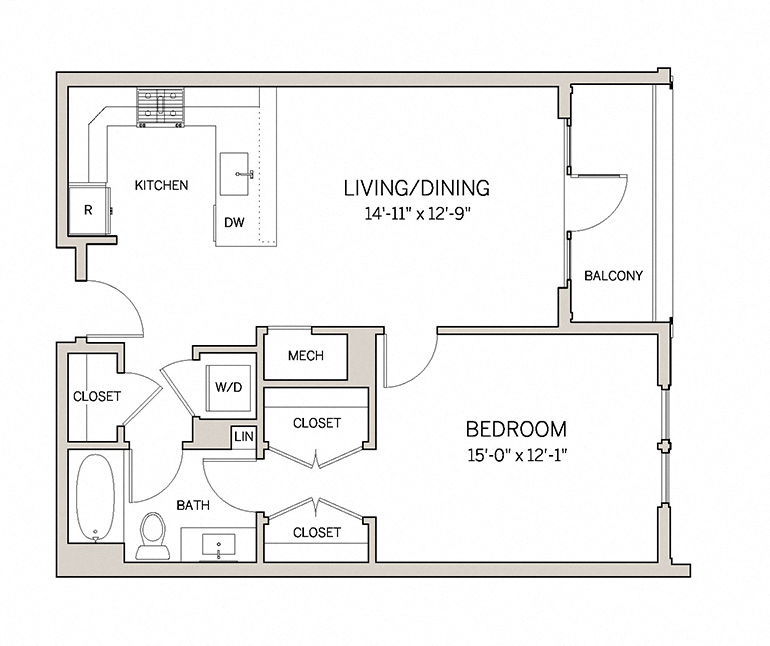 Floor plan for 1 bed, 1 bath, 766 sqft